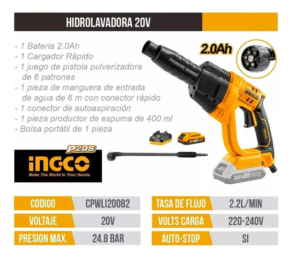 Hidrolavadora Inalambrica 20v Ingco + Bat+ Carg+ 5 Acc Naranja 50 Hz/60 Hz 4