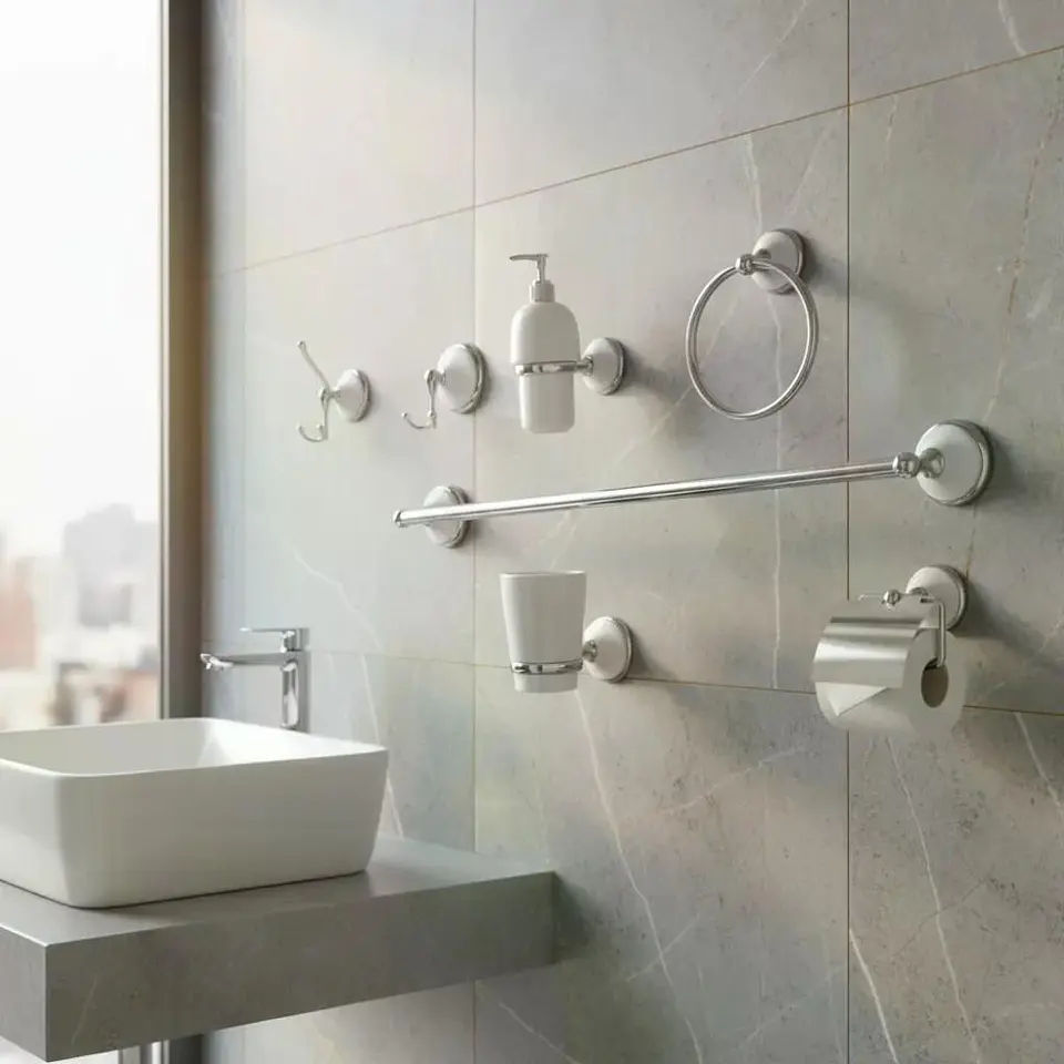 Kit Accesorios Para Pared Baño Cerámico Blanco Cromado Taumm Blanco 4