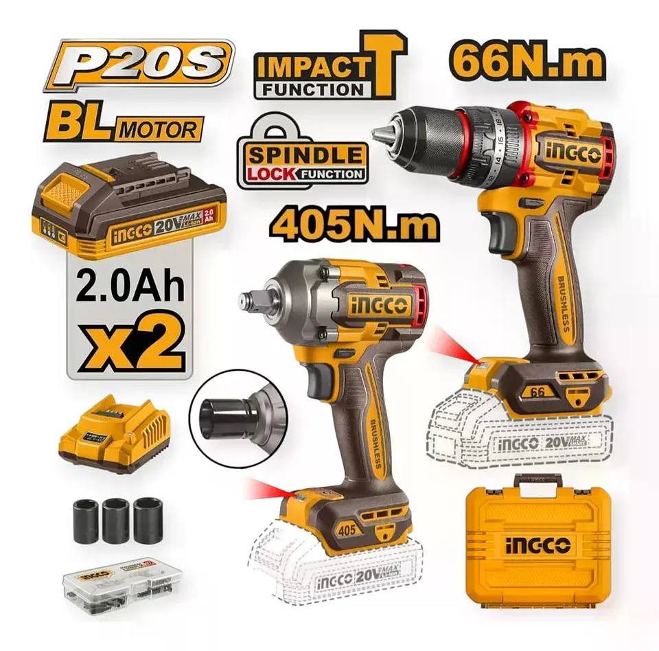 Kit Combo Ingco 20v Taladro Percutor 66nm + Llave De Impacto 2
