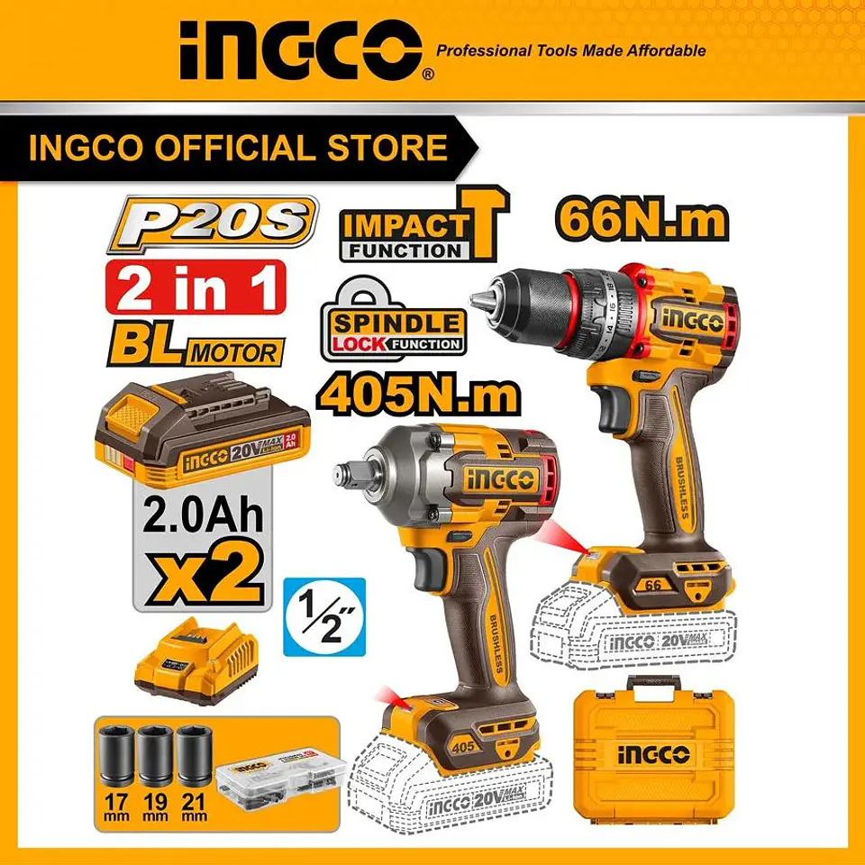 Kit Combo Ingco 20v Taladro Percutor 66nm + Llave De Impacto 7