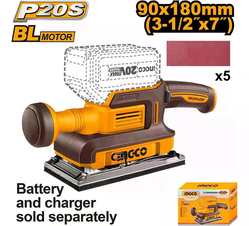 Lijadora Orbital Inalambrica Bl 20v 90x180mm Ingco Cfsli2031 Naranja Claro 4