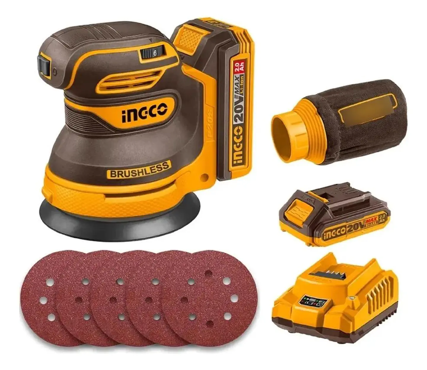 Lijadora Roto Orbital Inal Bl 20v 125mm Variable Ingco + Bat Naranja Claro 1
