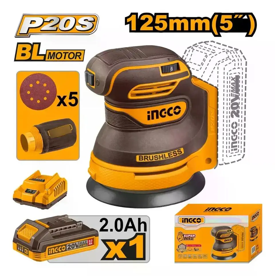 Lijadora Roto Orbital Inal Bl 20v 125mm Variable Ingco + Bat Naranja Claro 2