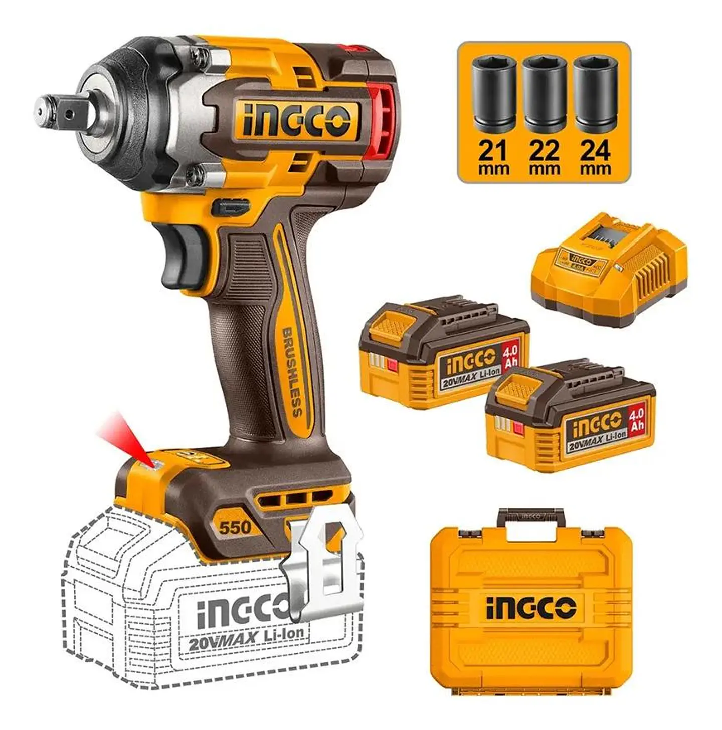 Llave Pistola De Impacto Bl 1/2 550 Nm Ingco 2 Bat Ciwli2055 Marrón Oscuro 20v 50 - 60 Hz 1