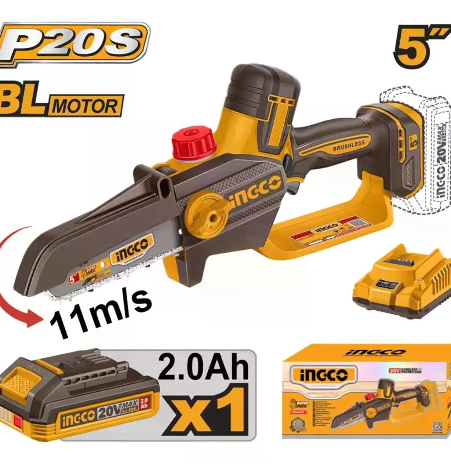 Mini Motosierra Brushless 20v 5 Pulgadas Ingco + Bat + Carg Marrón Oscuro 6