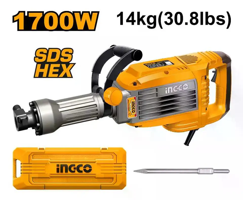 Martillo Demoledor Industrial Ingco 1700w Sds Hex 50 Joules Plateado 3