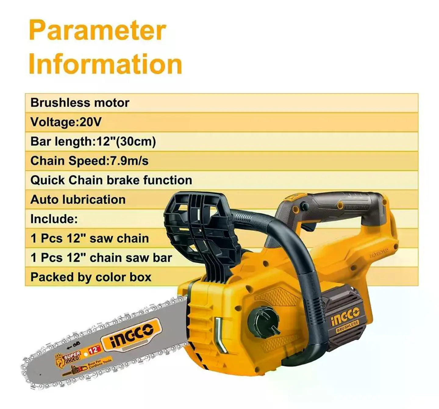 Motosierra Inalambrica Bl 300mm 12 PuLG 20v Ingco Cgsli20128 Naranja 4