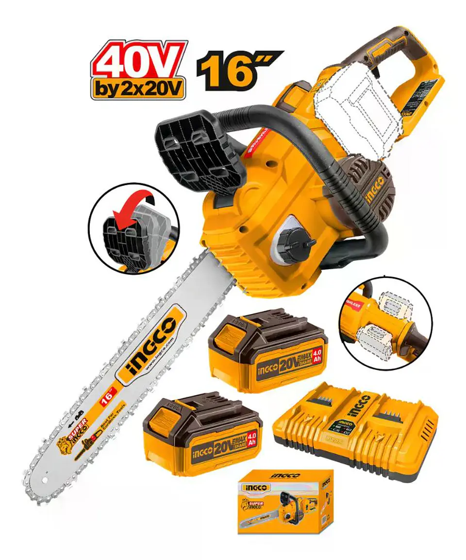 Motosierra Inalámbrica 16'' 400mm 40v + 2 Baterías 4ah + Cargador Doble Puerto Amarillo 3