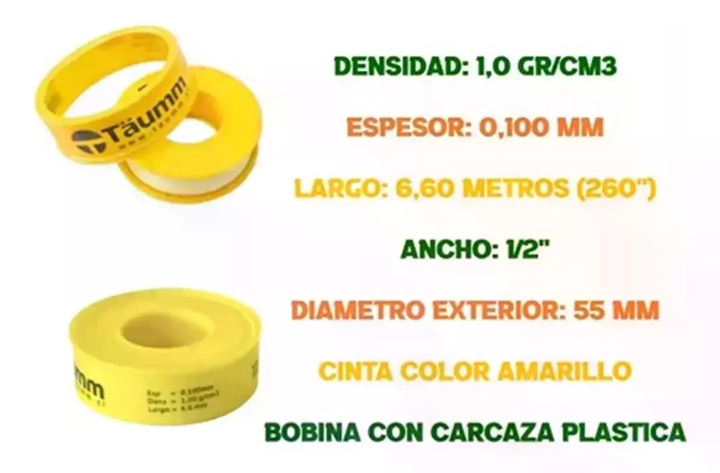 Pack 5 Teflon Amarillo 3/4 PuLG Taumm Espes 0.100 Mm 6.6 Mts 4
