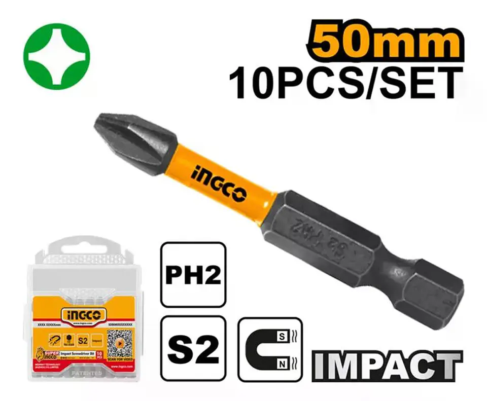 Set 10 Puntas Impacto Destornillador Ph2 50mm Imantada Ingco 2