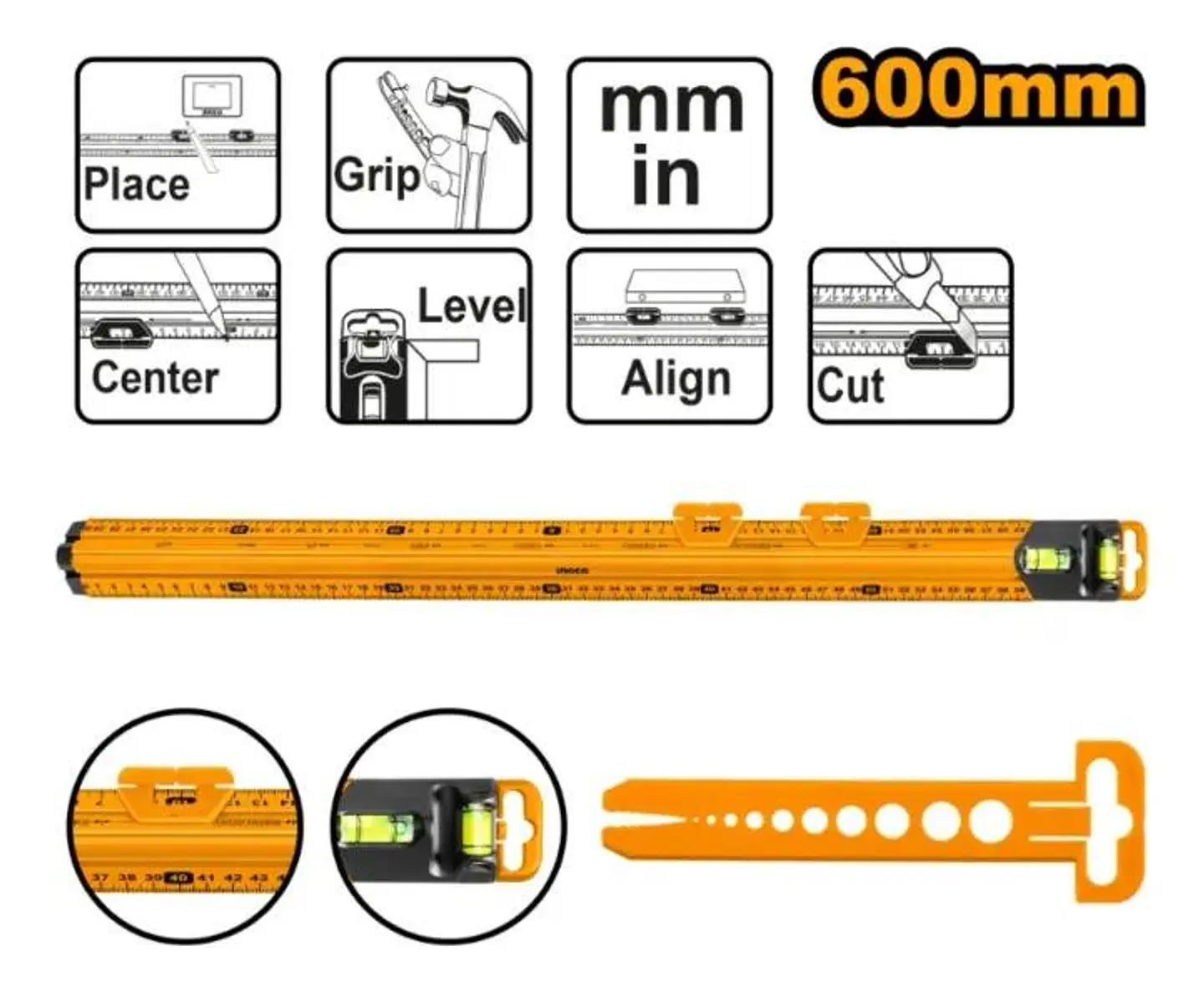 Regla Con Nivel De Burbuja Ingco 60 Cm Hsr36003 Multiuso 2