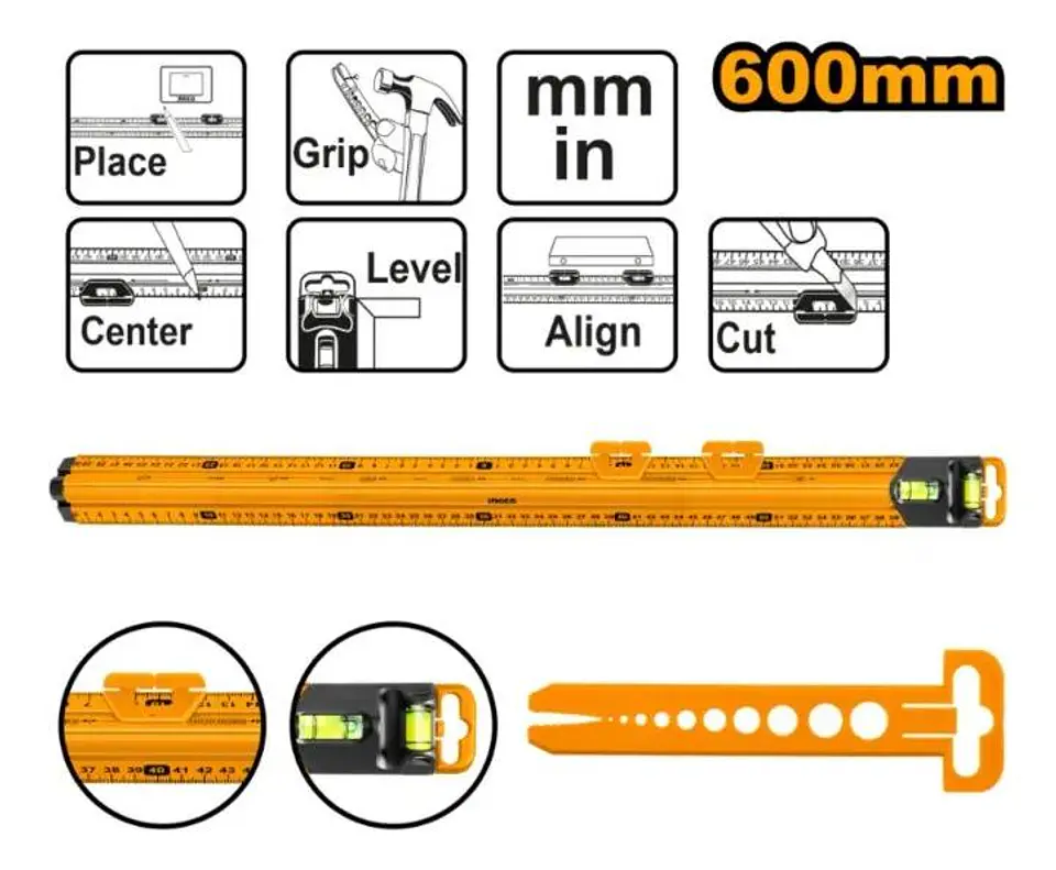Regla Con Nivel De Burbuja Ingco 60 Cm Hsr36003 Multiuso 2