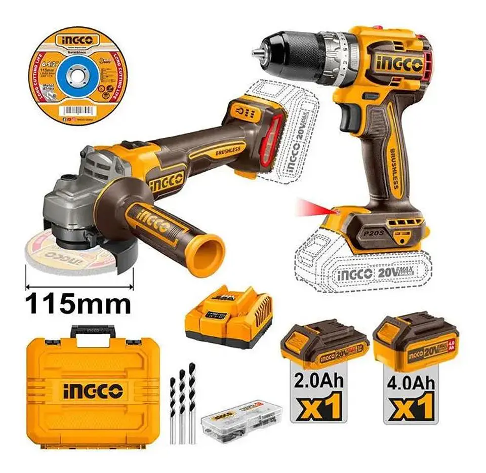 Set Kit Taladro Y Esmeril Bl Inalamb 20v Ingco + 2 Bat + Acc 2