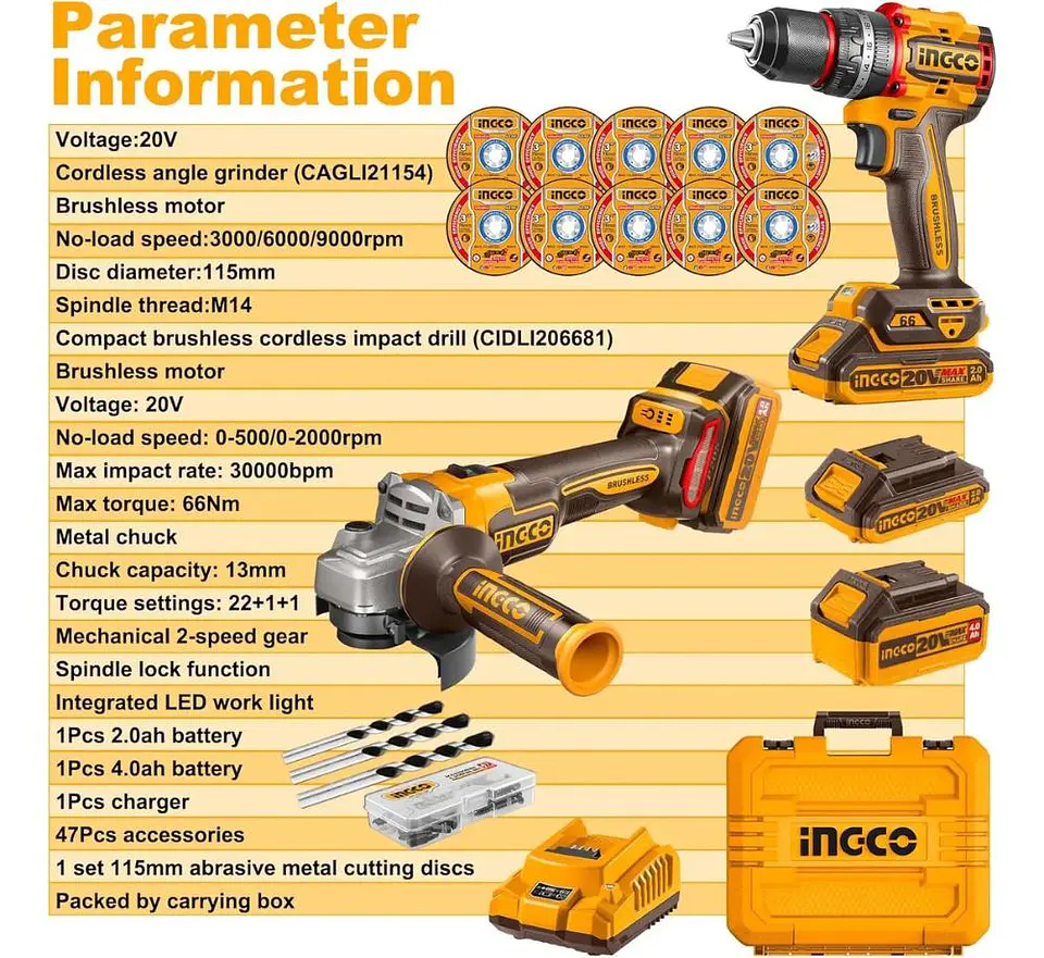Set Kit Taladro Y Esmeril Bl Inalamb 20v Ingco + 2 Bat + Acc 3