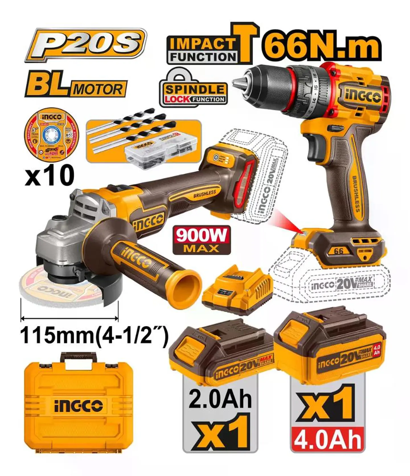 Set Kit Taladro Y Esmeril Bl Inalamb 20v Ingco + 2 Bat + Acc 10