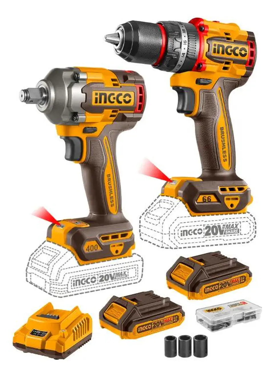 Set Taladro Percutor + Llave De Impacto Ingco +acc Ckli20275 Naranja Claro 20v 50hz/60hz 1