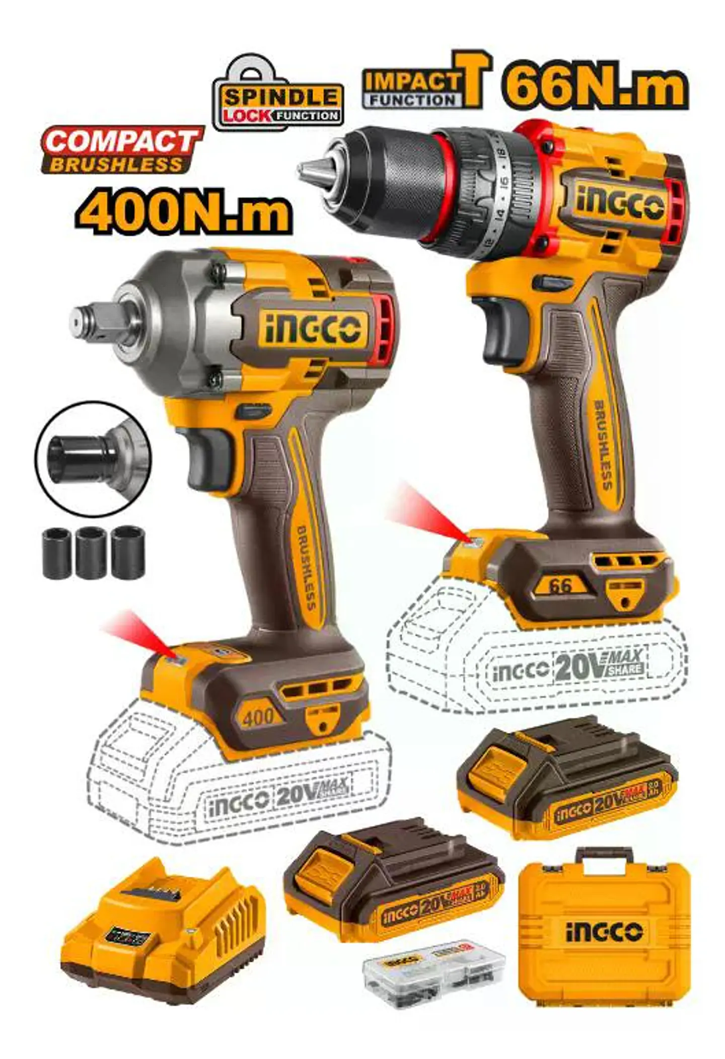Set Taladro Percutor + Llave De Impacto Ingco +acc Ckli20275 Naranja Claro 20v 50hz/60hz 2