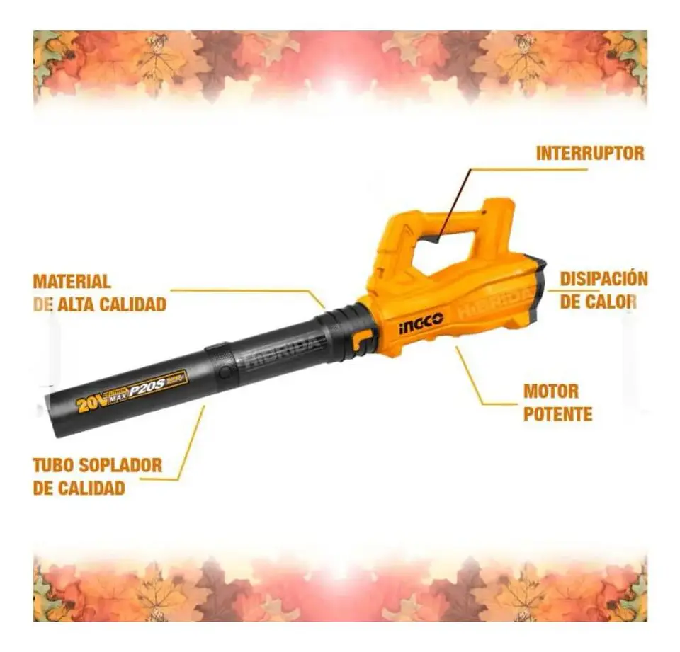 Soplador Inalámbrico Ingco 20v 8.5 M3/min + Bat 2 Ah + Carg Amarillo 5