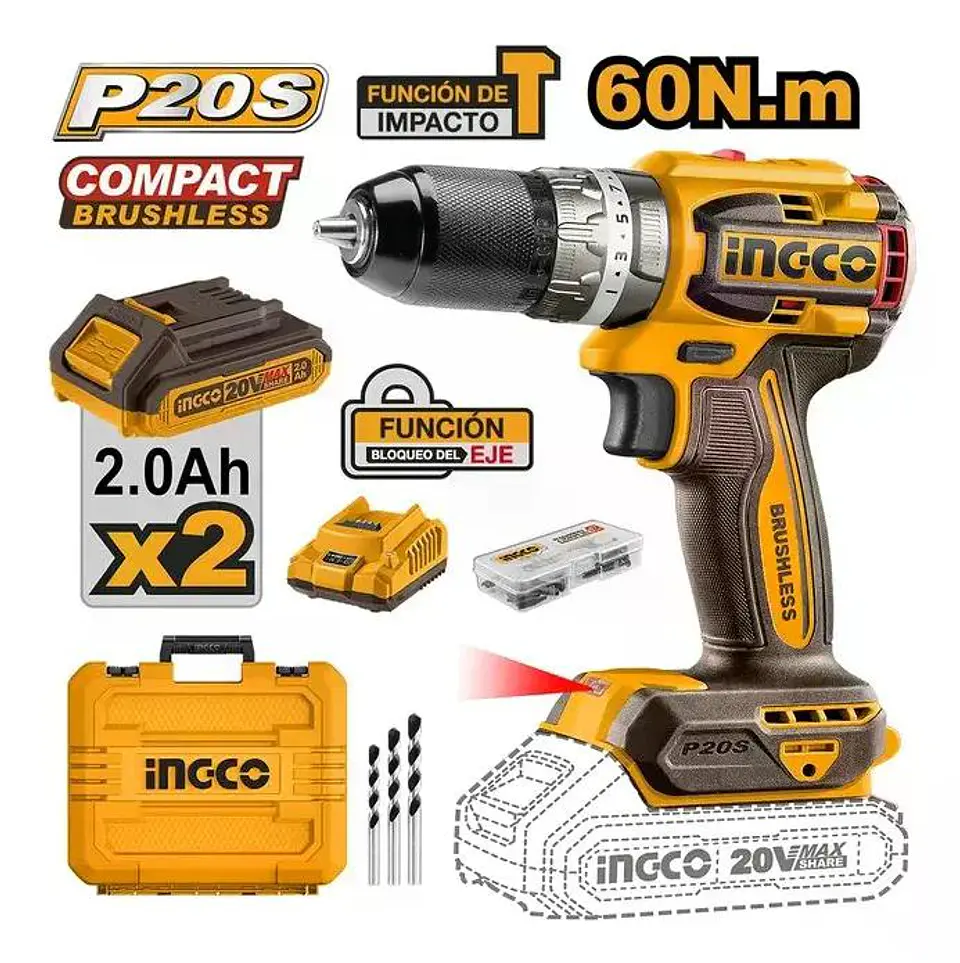 Taladro Atornillador Ingco Brushless +bat+ Carg Cidli20602-7 Naranja/marrón 50 Hz/60 Hz 10