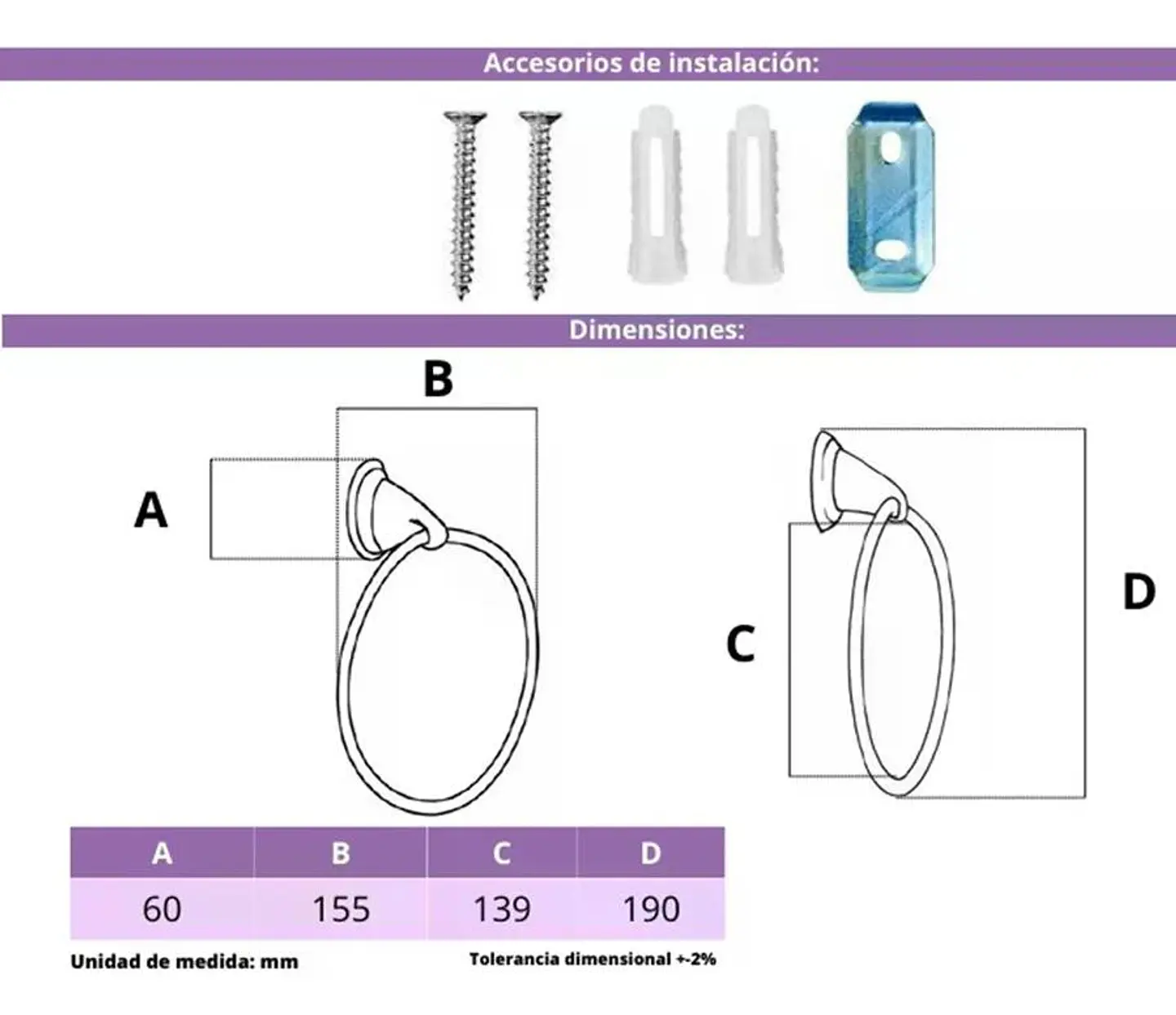 Toallero Aro, Toalla De Mano Metal Accesorio Baño Cromado 6