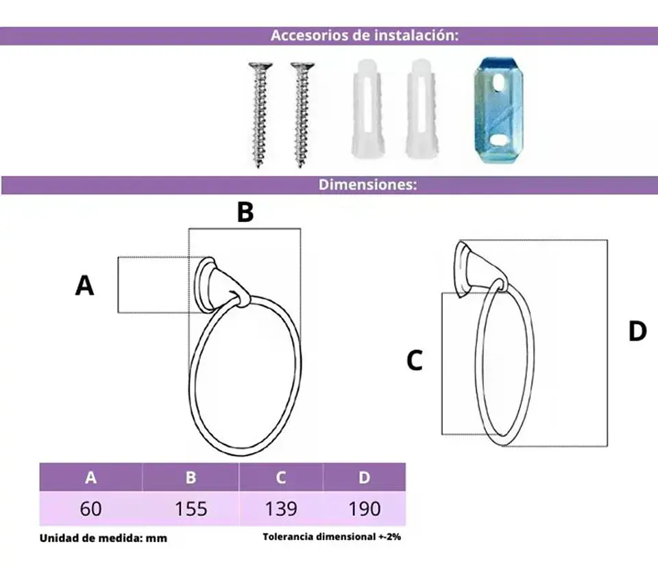 Toallero Aro, Toalla De Mano Metal Accesorio Baño Cromado 6