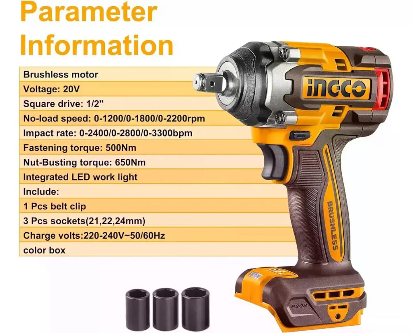 Llave Pistola Impacto Ingco Bl 1/2 20v 500nm Ciwli20501 S/ba Naranja Oscuro 20v 6