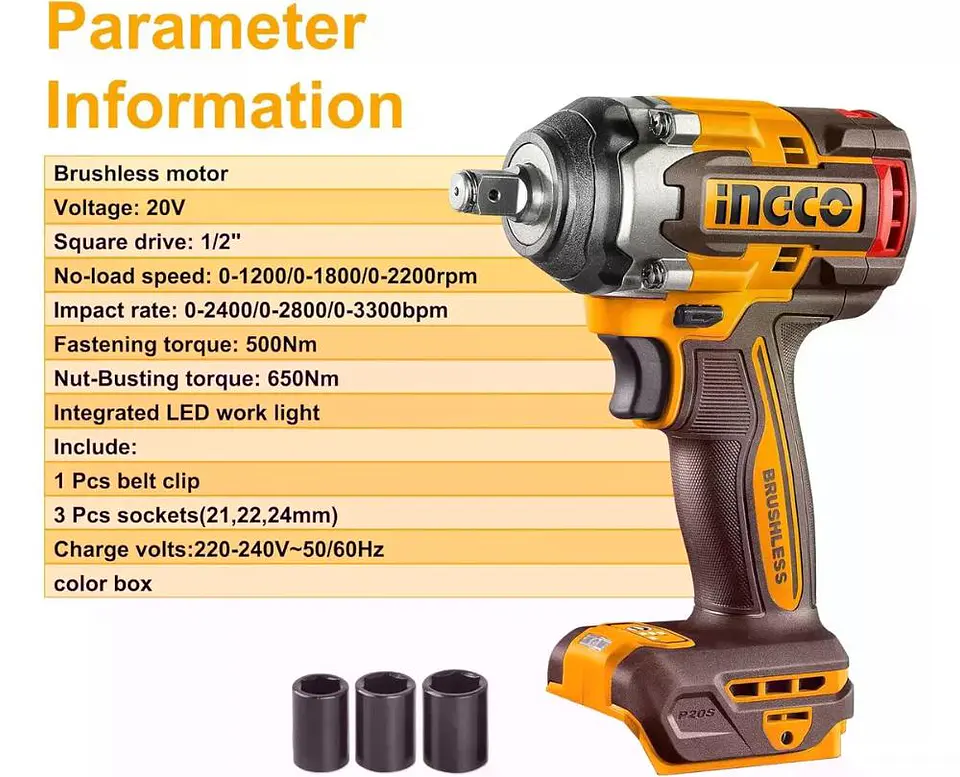 Llave Pistola Impacto Ingco Bl 1/2 20v 500nm Ciwli20501 S/ba Naranja Oscuro 20v 6