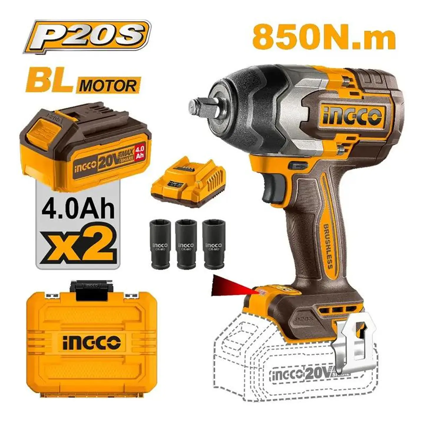 Llave Pistola Impacto Ingco Bl 1/2 20v 850nm 2bat Ciwli2085 Naranja Claro 220v 50hz/60hz 9