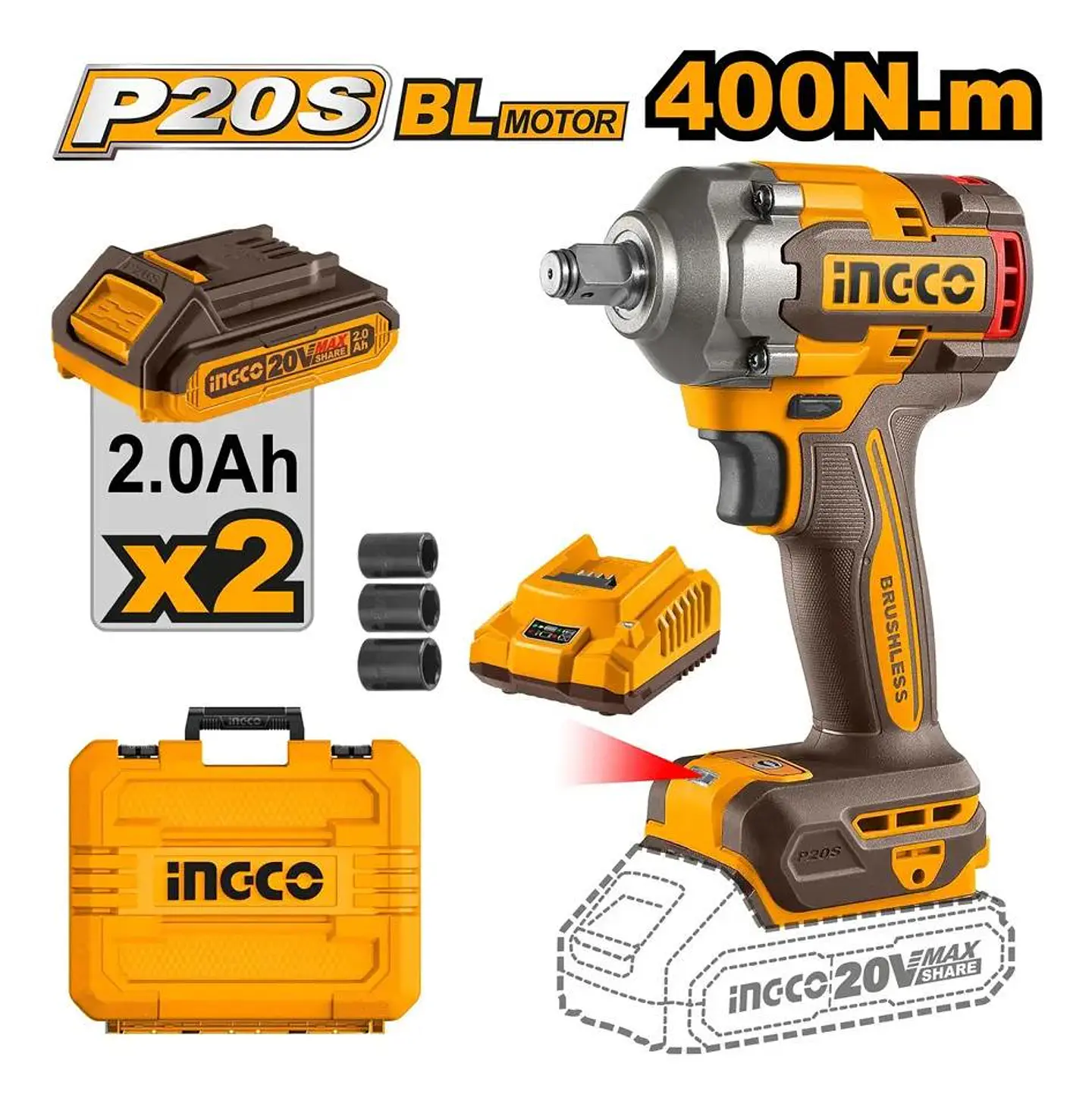Pistola Llave De Impacto Bl 1/2 20v 400 Nm Ingco Ciwli2040 Naranja Oscuro 20v 8