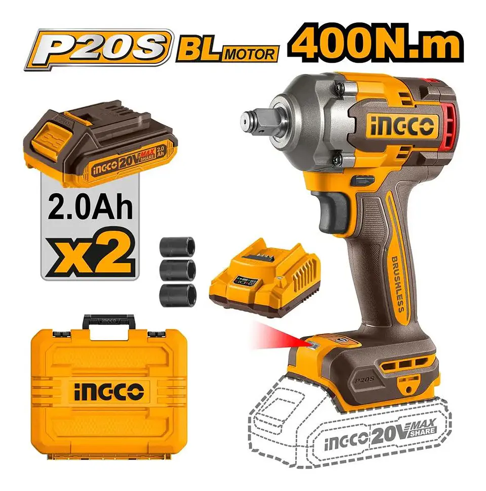 Pistola Llave De Impacto Bl 1/2 20v 400 Nm Ingco Ciwli2040 Naranja Oscuro 20v 8