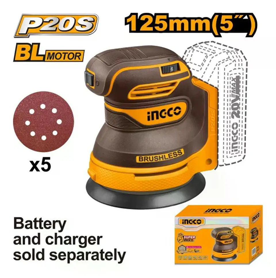 Lijadora Roto Orbital Inal Bl 20v 125mm Vel Variable Ingco Amarillo 2