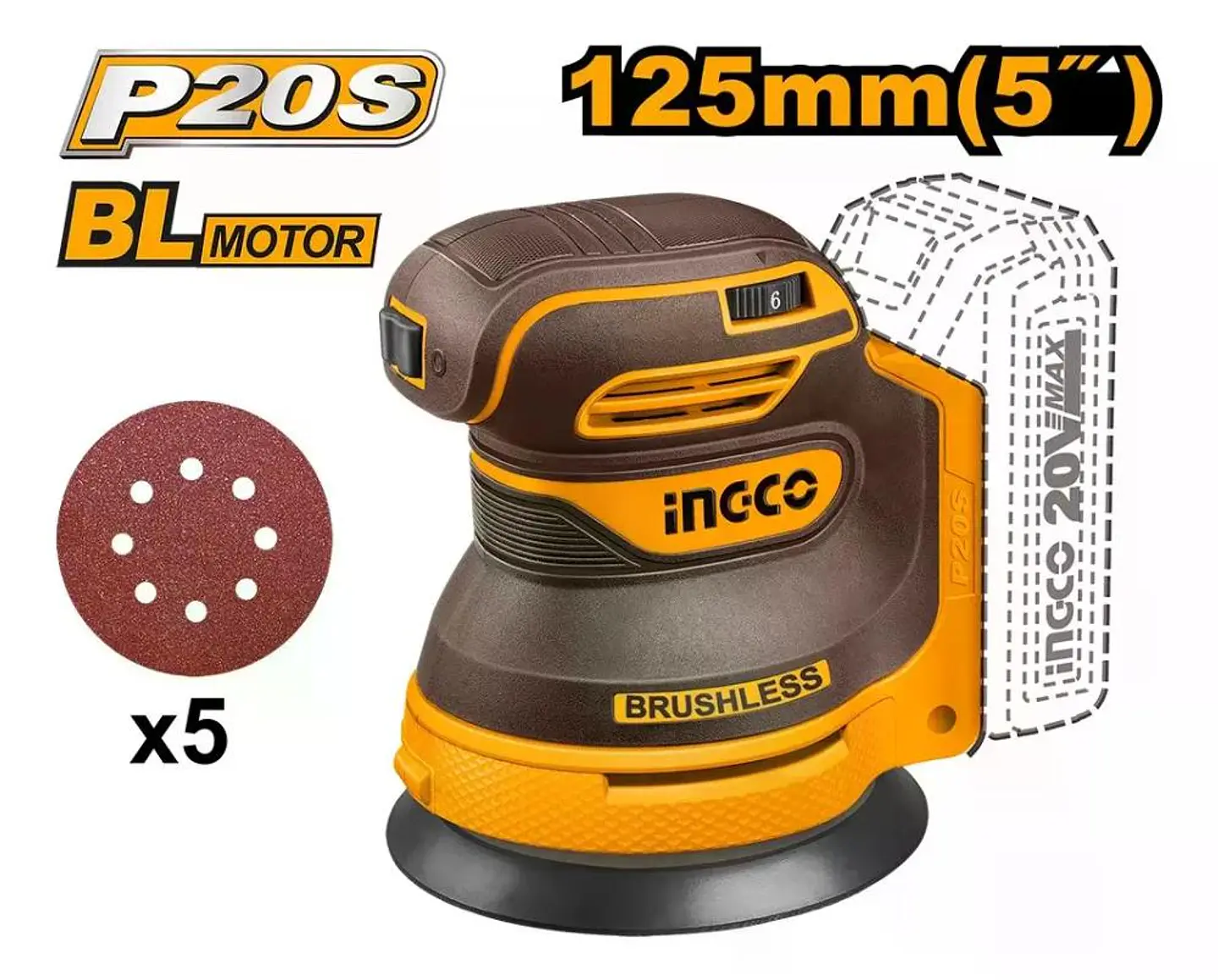 Lijadora Roto Orbital Inal Bl 20v 125mm Vel Variable Ingco Amarillo 6