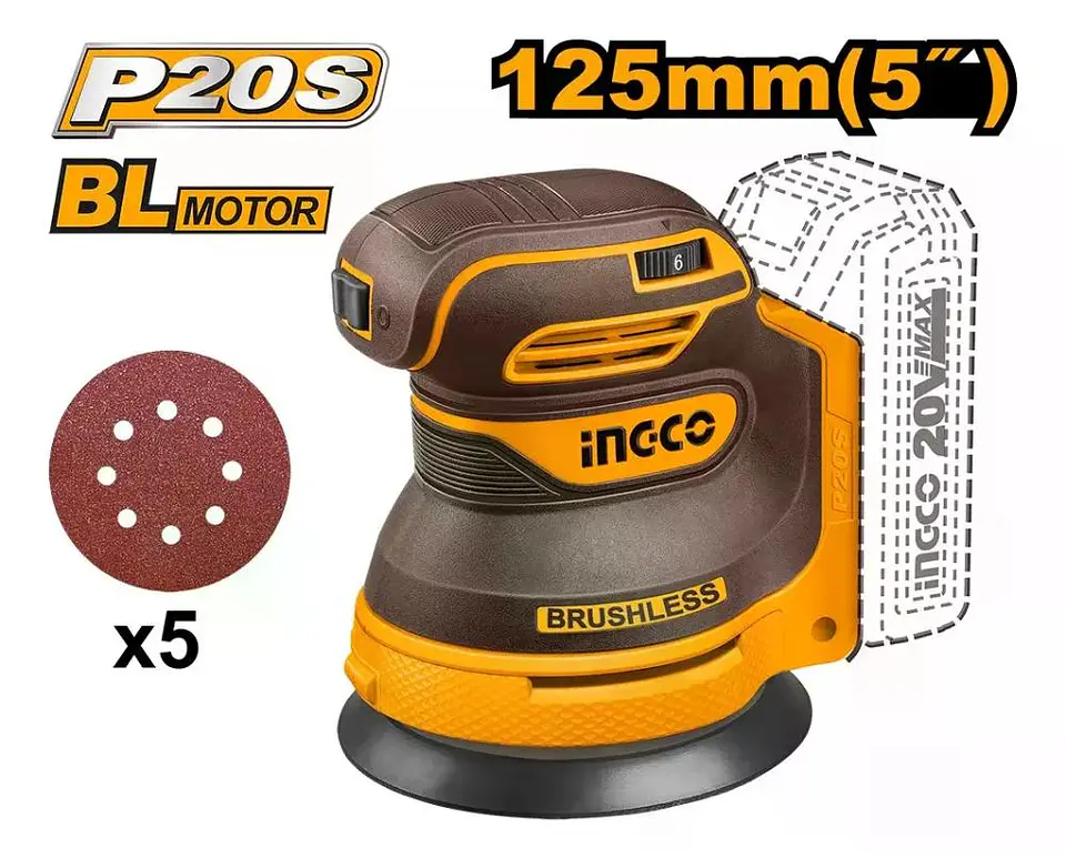 Lijadora Roto Orbital Inal Bl 20v 125mm Vel Variable Ingco Amarillo 6