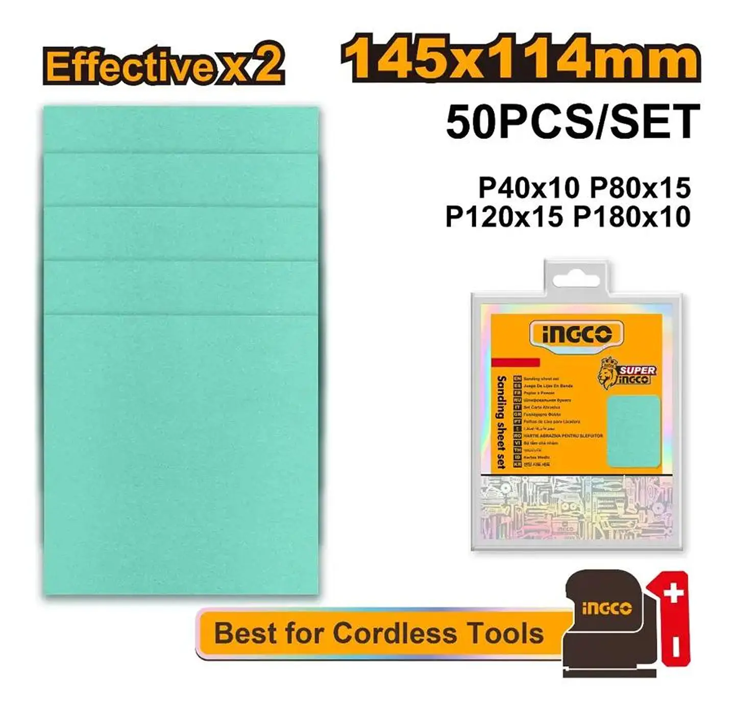 Set 50 Lijas P40 80 120 180 Multimaterial 145x114 Mm Ingco 40 4