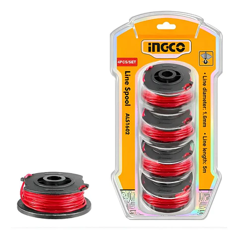 Set 4 Carretel Hilo Tanza Ingco Bordeado Orilladora 1.6mmx5m Negro Rojo