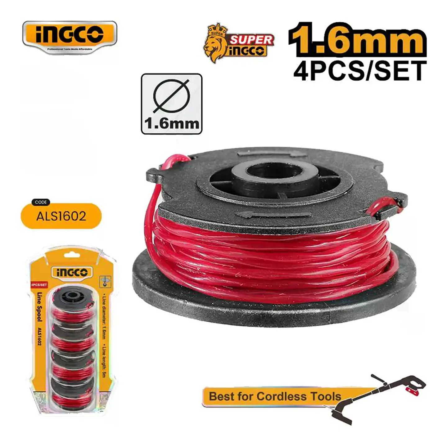 Set 4 Carretel Hilo Tanza Ingco Bordeado Orilladora 1.6mmx5m Negro Rojo 2