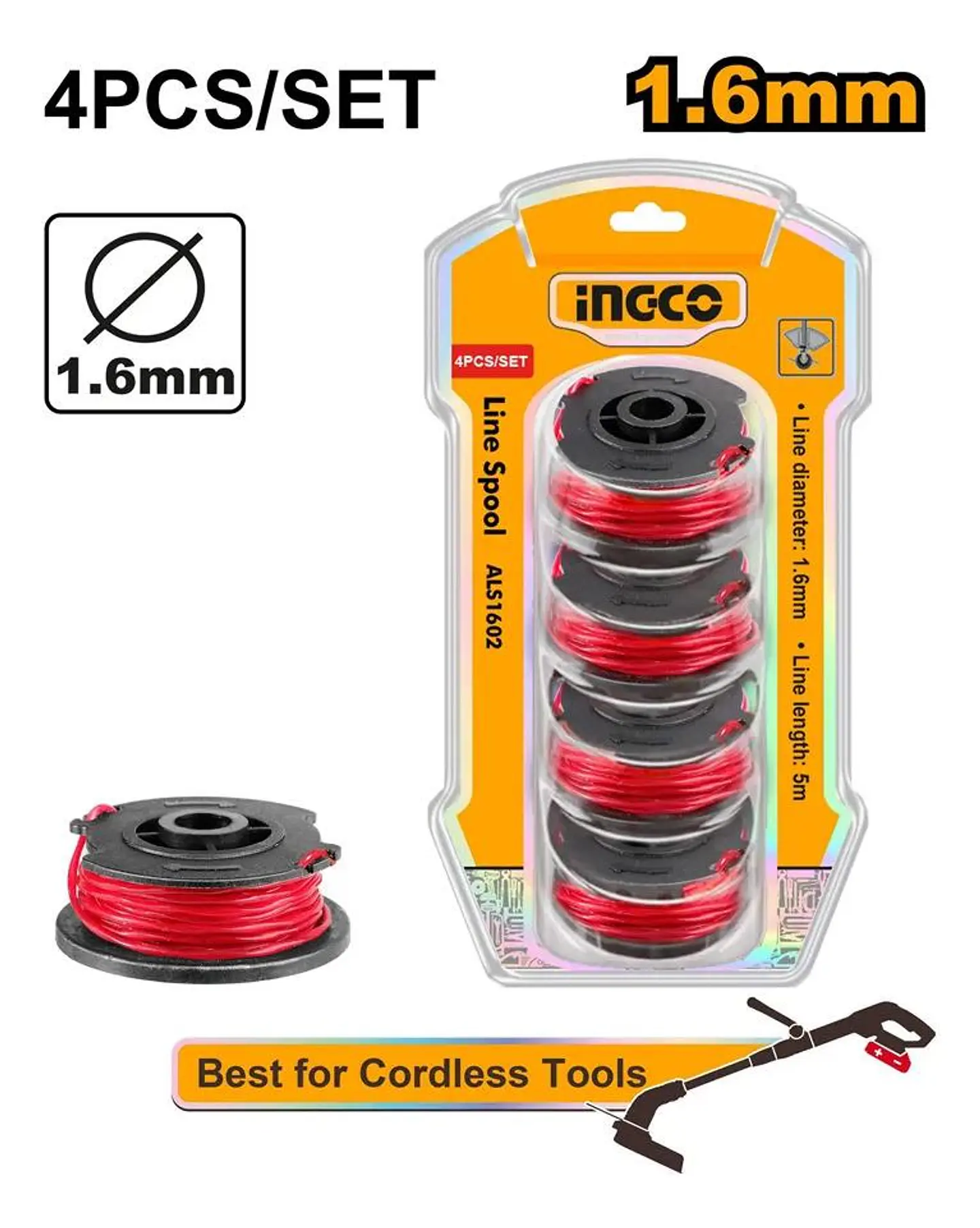 Set 4 Carretel Hilo Tanza Ingco Bordeado Orilladora 1.6mmx5m Negro Rojo 3