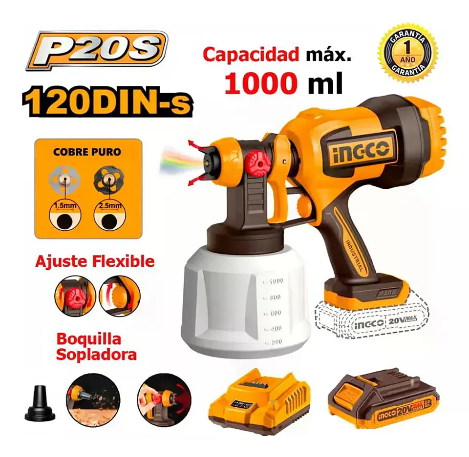 Pistola Para Pintar Inalambrica Ingco 20v Pulveriza +bat+car Marrón Oscuro 2