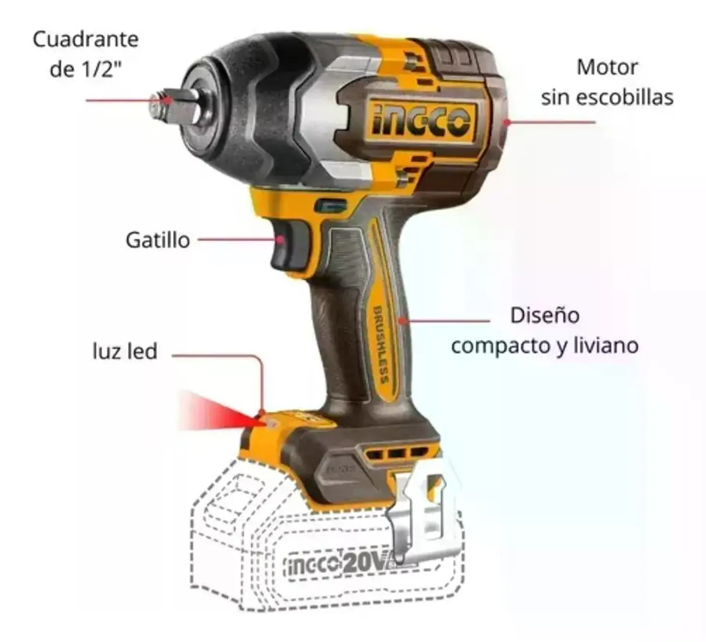 Pistola Llave Impacto Inal Bl 1/2 20v 850 Ingco Ciwli20851 Marrón Oscuro 20v 50/60 Hz 4