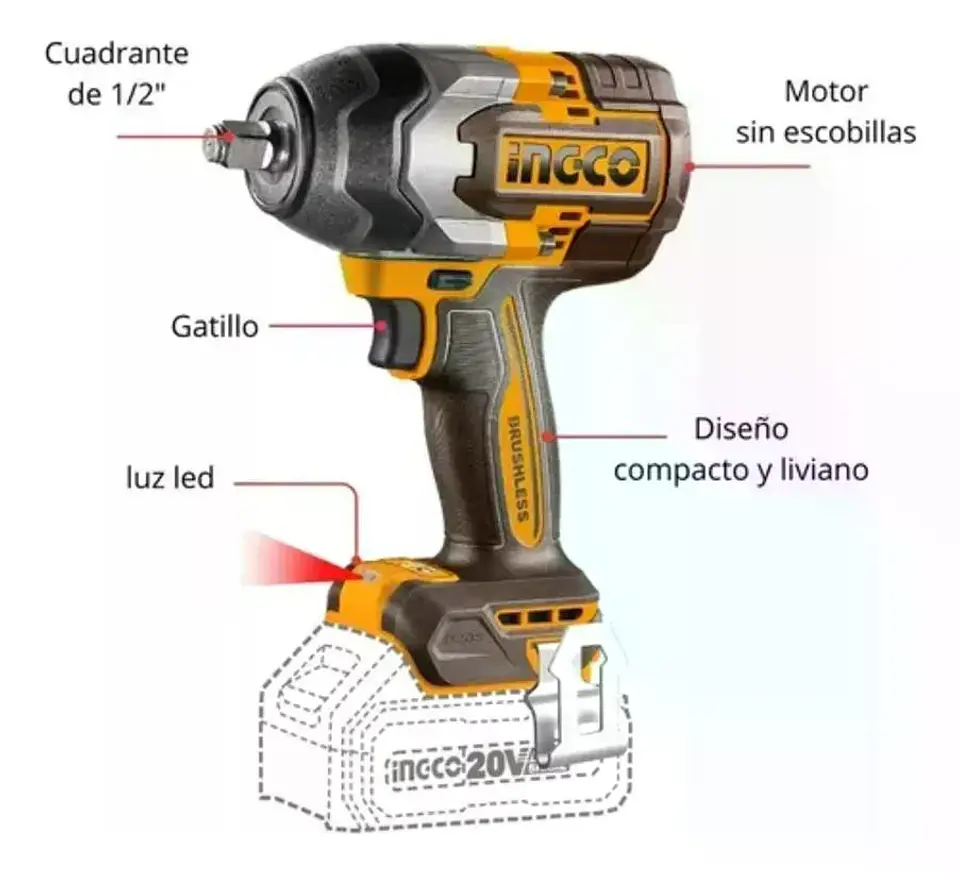 Pistola Llave Impacto Inal Bl 1/2 20v 850 Ingco Ciwli20851 Marrón Oscuro 20v 50/60 Hz 4