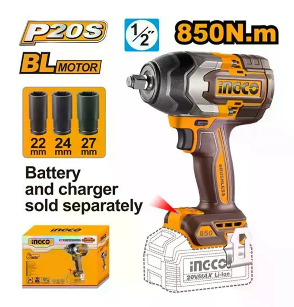 Pistola Llave Impacto Inal Bl 1/2 20v 850 Ingco Ciwli20851 Marrón Oscuro 20v 50/60 Hz 6