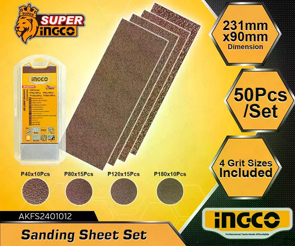 Set 50 Lijas P40 P80 P120 P180 Ingco 90x231 Mm Akfs2401012 0 6