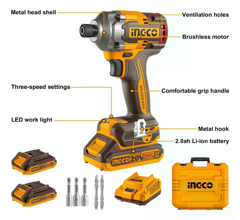 Atornillador De Impacto Bl 285 Nm Ingco + 2 Bat Cirli2028 Naranja 20v 11
