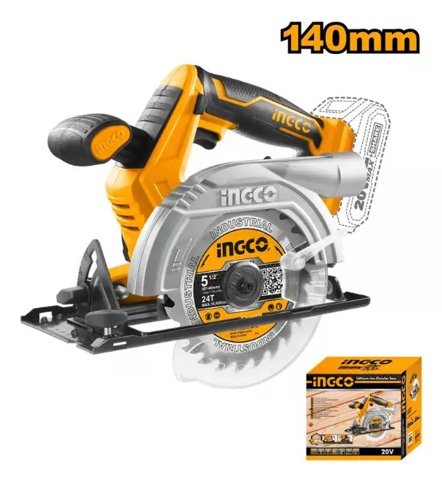 Sierra Circular Inalambrica Ingco 20v 140 Mm Indus Csli1401 Naranja Claro 50 Hz 12
