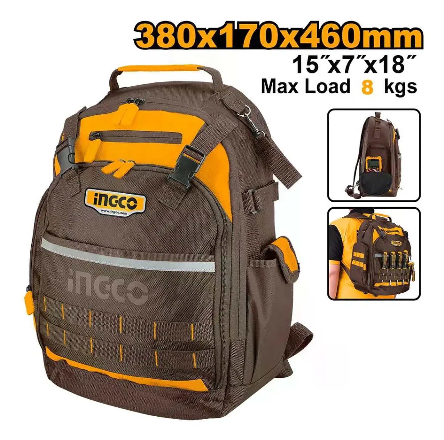 Mochila Porta Herramienta Industrial Ingco 46x38x17 Hbp01028 Naranjo/café 15