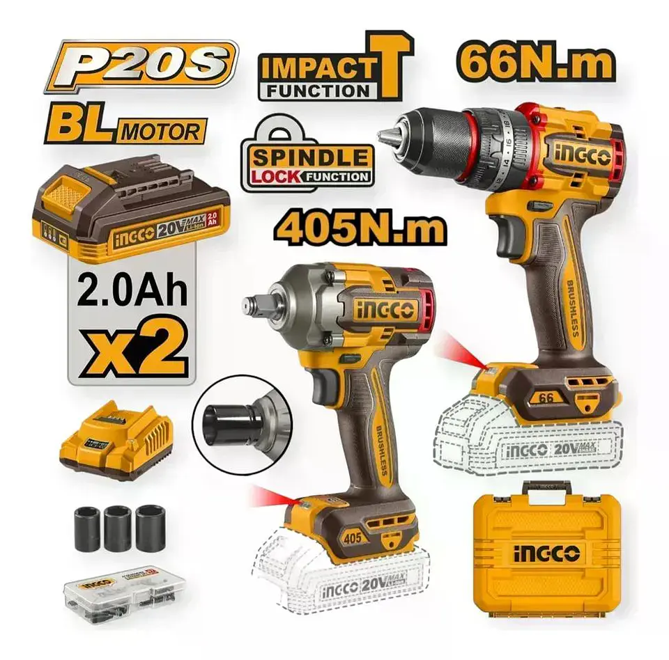 Kit Combo Ingco 20v Taladro Percutor 66nm + Llave De Impacto 9