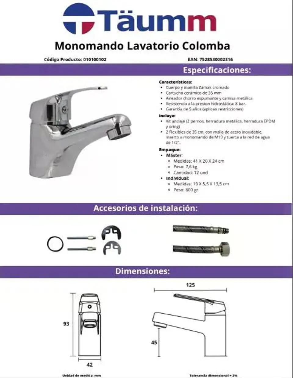 Llave Monomando Lavatorio Colomba Taumm Cromado Plateado Plateado Cromado 15