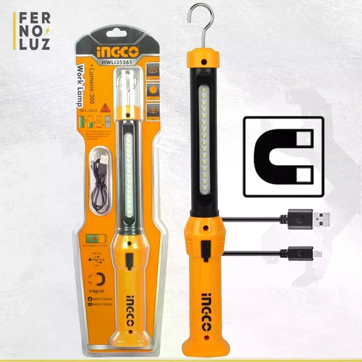 Linterna Lámpara De Trabajo Led Ingco Recargable 300 Lm Blanco 10