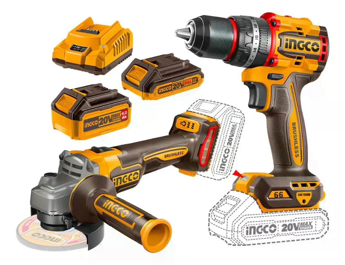 Set Kit Taladro Y Esmeril Bl Inalamb 20v Ingco + 2 Bat + Acc 11