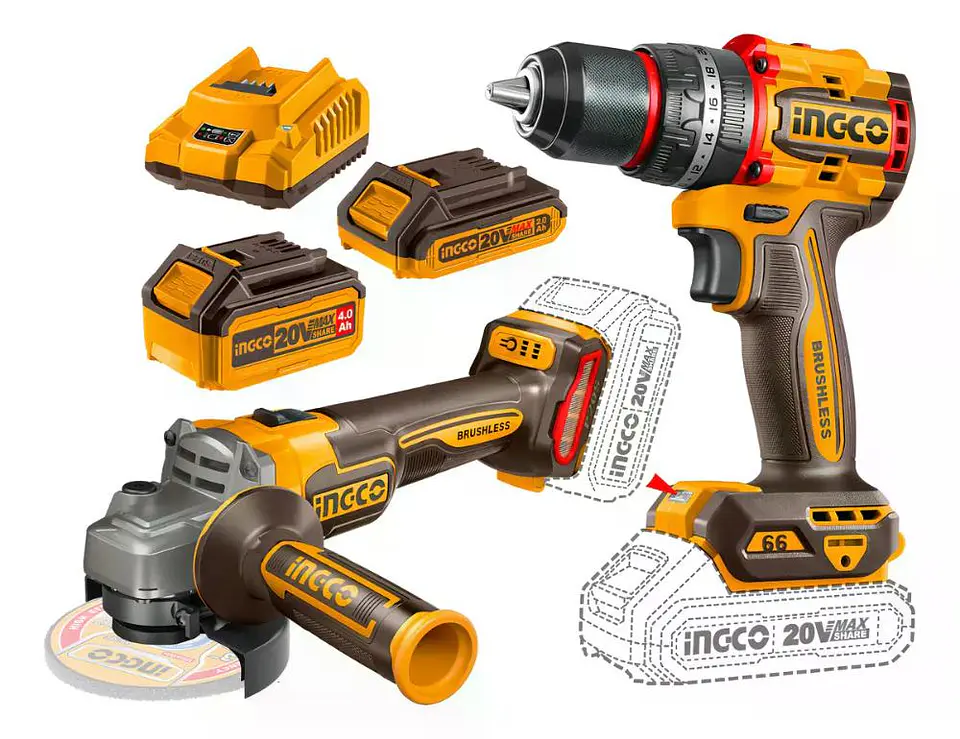 Set Kit Taladro Y Esmeril Bl Inalamb 20v Ingco + 2 Bat + Acc 11